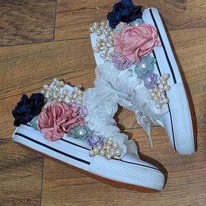 White and Pink Floral Embellished Sneakers